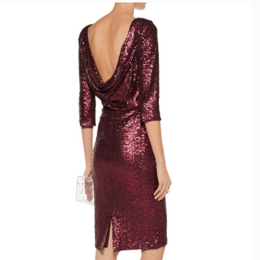 Badgley Mischka Collection Cowl Back Full Sequin Burgundy Holiday Dress